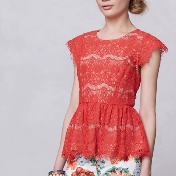 Anthropologie Maeve Katrina Red Lace Peplum Top Nude Lining V Back Zip C… - Picture 1 of 11